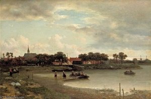A Ferry Crossing Near A Dutch Town — Salomon Leonardus Verveer