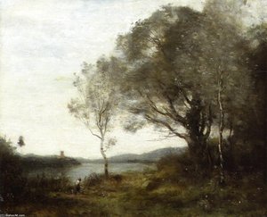 The Walk Around The Pond — Jean-baptiste-camille Corot, Romantic Landscape