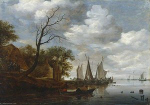 River Scene With Sailing Boats Unloading At The Shore — Salomon Van Ruysdael