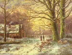 Figures On A Path Before A Village In Winter — Johannes Hermann Barend Koekkoek