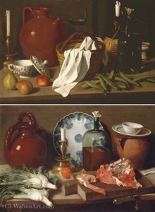 A glass bottle, a blue and white porcelain platter, an earthenware jug, a candle, an orange and fennel on a wooden ledge with meat on a chopping board