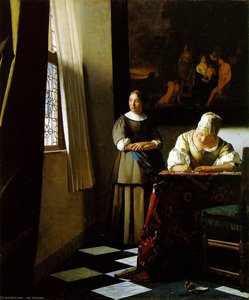 Lady Writing A Letter With Her Maid [c. 1670] — Johannes Vermeer, Dutch Golden Age