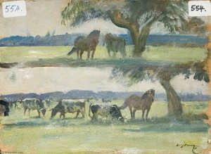 Studies Of Ponies And Cattle (verso) — Sir Alfred James Munnings, Impressionistic Sketch-like