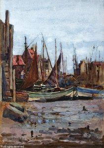 Fishing Boats And A Village, Probably Staithes — Frederick William Jackson