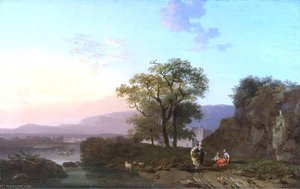 An Italianate Landscape At Sunset With Sheperdesses Resting In The Foreground — Jacques Antoine Vallin
