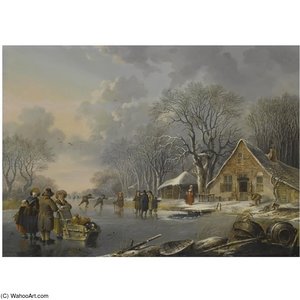 A Winter Landscape With Skaters On A Frozen River Near An Inn — Andries Vermeulen