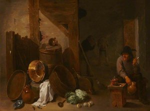 Kitchen Interior With A Toper And Other Peasants Beyond — David Teniers The Younger