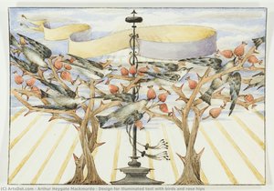 Design For Illuminated Text With Birds And Rose Hips — Arthur Heygate Mackmurdo