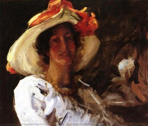 Portrait Of Clara Stephens Wearing A Hat With An Orange Ribbon — William Merritt Chase, Impressionism