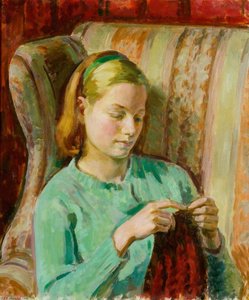 Girl Knitting, Portrait Of Felicia, The Artist's Younger Daughter — Henry Lamb, Academic Realism