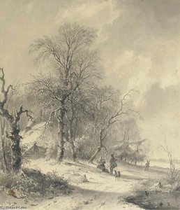 Winter - Sportsmen On The Edge Of A Forest — Andreas Schelfhout, Romanticism