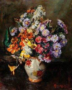 Autumn Flowers In Flowered China Jug — Rose Mead, Impressionism