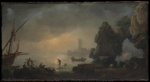 Harbor Scene With A Grotto And Fishermen Hauling In Nets — Claude-joseph Vernet