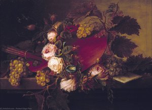 Still Life With Palette And Brushes, Fruit And Flowers
