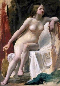 Life Study Of A Female Nude Model Seated On White Drapery — William Mctaggart, Academic Realism