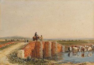 Figures Crossing A Bridge, Cattle Watering Below — David Cox