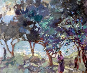 Mediterranean Scene With Olive Trees And Figures By The Sea — Duncan Grant