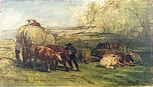 Boeufs au pâturage esquisse pour la fenaison