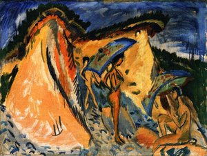 Fehmarn Dunes With Bathers Under Japanese Umbrellas — Ernst Ludwig Kirchner