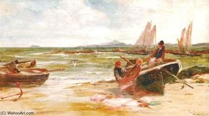 Beach Scene With Fisherfolk At Low Tide — Edwin Ellis