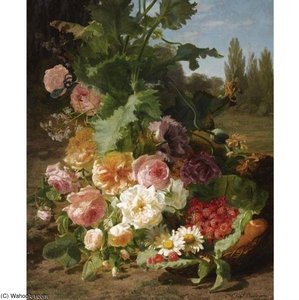 A Still Life With Roses, Daisies, Raspberries And Peaches In A Landscape — Geraldine Van De Sande Bakhuyzen