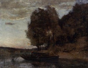 Fisherman Boating Along A Wooded Landscape — Jean-baptiste-camille Corot, Plein Air Landscape