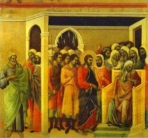 Maestó (back, Central Panel), Jesus Before Caiaphas — Duccio Di Buoninsegna, Gothic Art