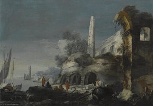 A Capriccio Coastal Scene With Figures By Ruins In The Foreground — Antonio Stom