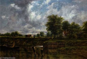 Wooded River Landscape, With A Cottage By A Lock, A Barge, And A Figure With Horses On The Towpath — Frederick Waters (william) Watts