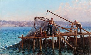 Fishermen Bringing In The Catch — Fausto Zonaro