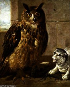 Eagle Owl and Cat with Dead Rats