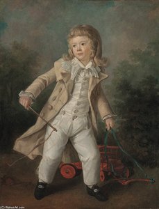 Portrait Of A Boy, Full Length In A Landscape, Wearing White Trousers And Shirt With A Brown Coat, Holding A Horsewhip And A Toy-cart — Henri Pierre Danloux