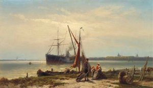 A Steamship Anchored In A River — Johannes Hermann Barend Koekkoek