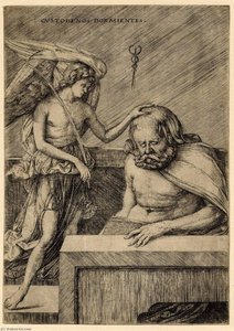The Guardian Angel, Standing, Placing His Hand On The Head Of A Sleeping Man — Jacopo Barbari