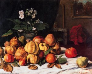 Still Life: Apples, Pears And Primroses On A Table — Gustave Courbet