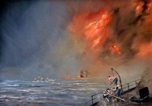 Seamen Jumping From A Torpedoed Oil Tanker, North Atlantic, Second World War — John Alan Hamilton