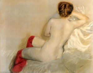 Nude With Red Stockings — Giuseppe De Nittis, Impressionism