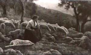 Hilly Pasture Land With A Seated Shepherdess In The Midst Of Her Flock — Enrico Nardi
