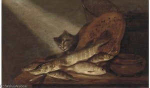 A Cat, Dead Fish, Earthenware Pots And A Fishing Net On A Table