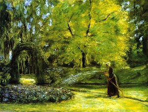The Circular Bed In The Hedge Garden With A Woman Watering Flowers — Max Liebermann, Impressionism