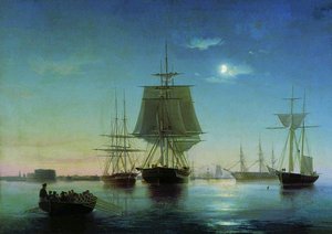 Kronstadt Harbour In The Evening — Alexei Petrovich Bogoliubov, Romantic Landscape Painting