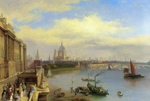 Figures Promenading Outside Somerset House - St. Paul-s Cathedral Beyond — William Parrott