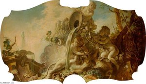 Overdoor With A Faun And Two Putti Feeding A Lioness