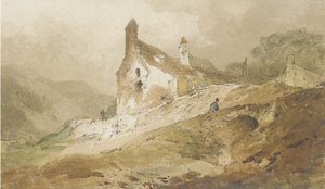 A Figure On A Bridge Below Cottages, Wales — John Sell Cotman, Romanticism