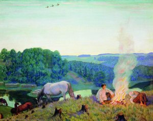 Fireplace (night) — Boris Mikhailovich Kustodiev