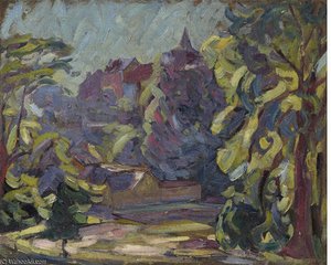 View Of Houses And A Church Through The Trees — Joseph M Raphael