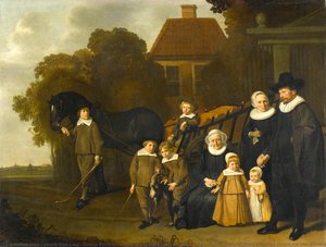 Group Portrait of the Meebeeck Cruywagen Family at the Gate of their Country Home on the Uitweg near Amsterdam, Jacob van Loo (attributed to), 1640 - 1645