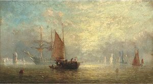 Fishermen Unloading At Dusk, With A Frigate At Anchor Beyond — Adolphus Knell