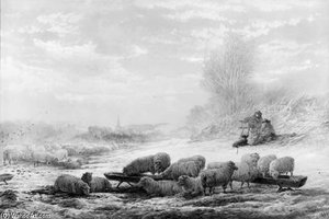 Sheep Feeding In A Winter Landscape — Edward Duncan, Realism