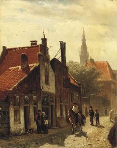 Gezicht Op De Voldersgracht Te Haarlem. Figures On A Canal Side In Haarlem, The St. Bavo Church Beyond — Cornelis Springer